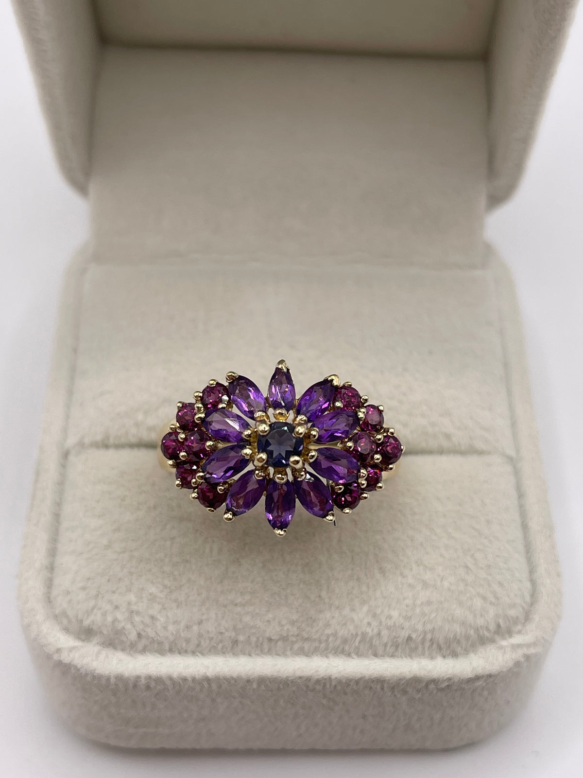9ct gold iolite, amethyst and garnet ring