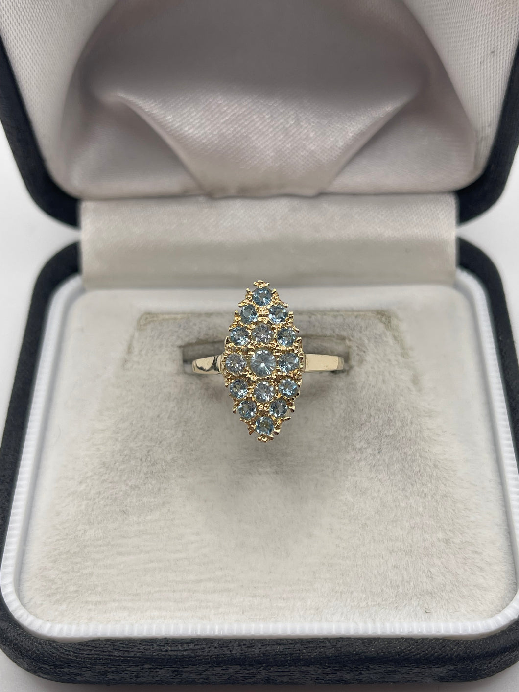 9ct gold blue topaz cluster navette ring