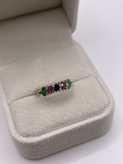 9ct gold sapphire, ruby, emerald and diamond ring