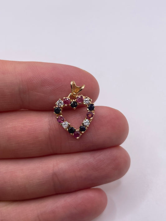 9ct gold ruby, sapphire and cz heart pendant