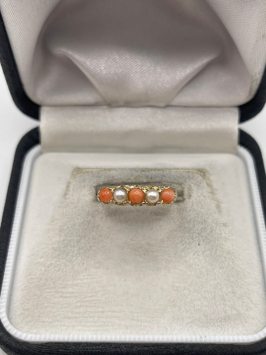 9ct gold coral and pearl ring