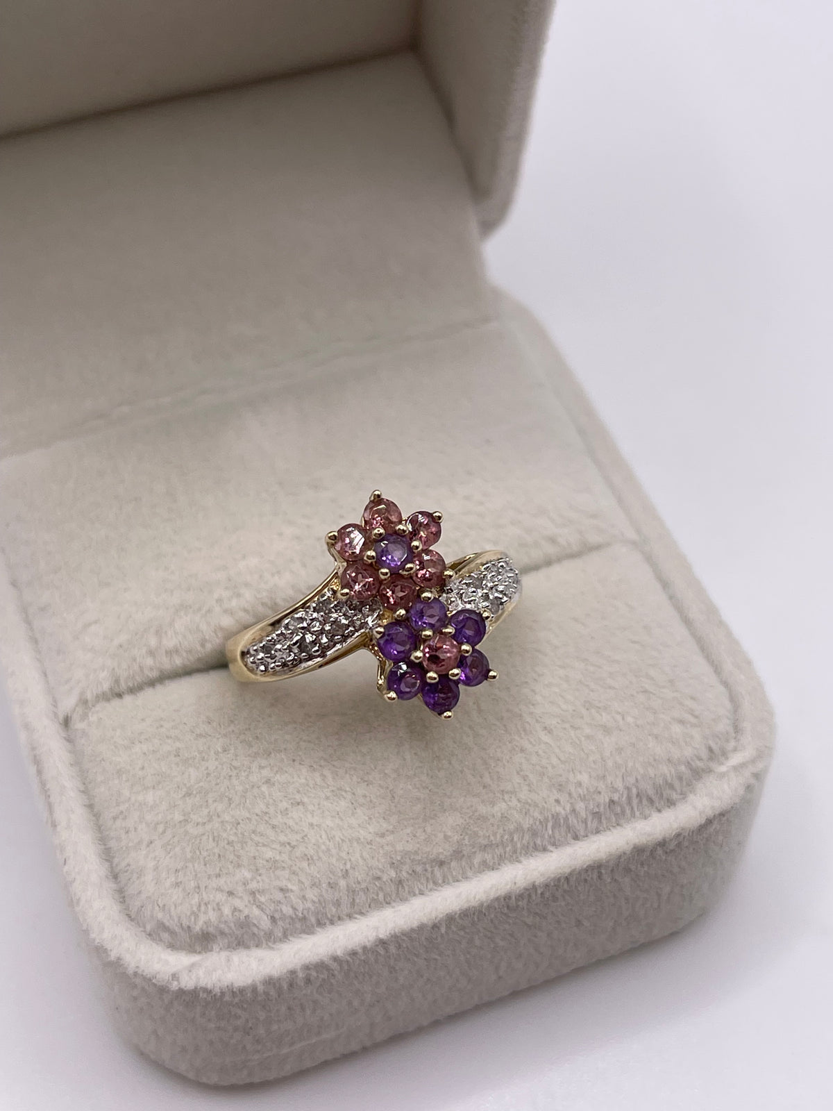 9ct gold amethyst, pink topaz and diamond ring