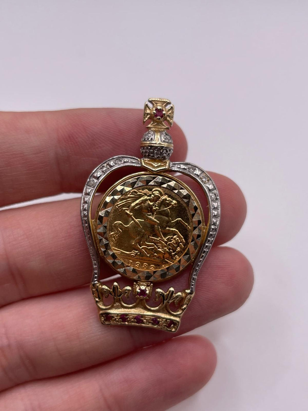 22ct half sovereign and 9ct gold ruby and diamond royal crown pendant