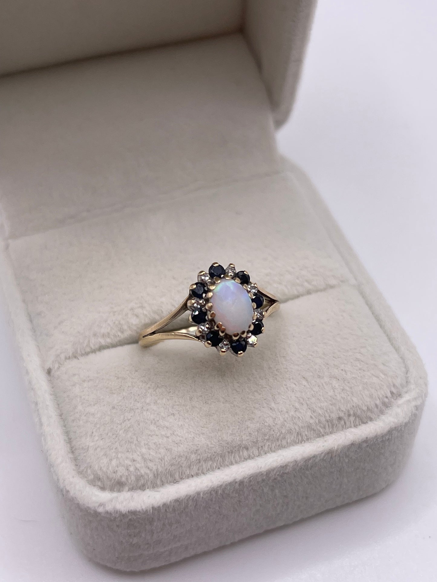 9ct gold opal, sapphire and diamond ring