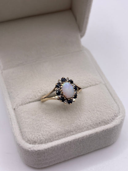 9ct gold opal, sapphire and diamond ring