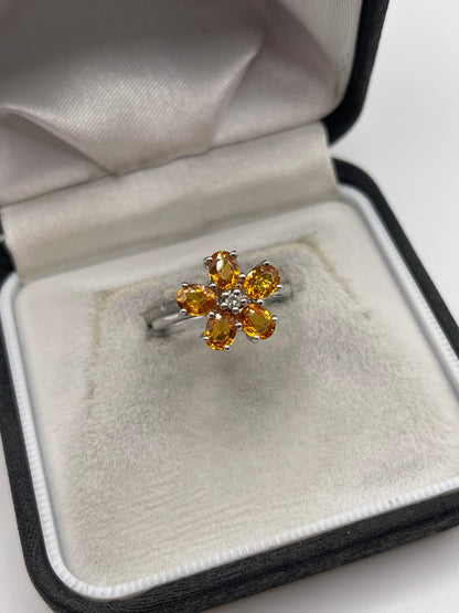 9ct white gold orange sapphire and diamond ring