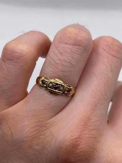 Antique 18ct gold ruby and pearl ring