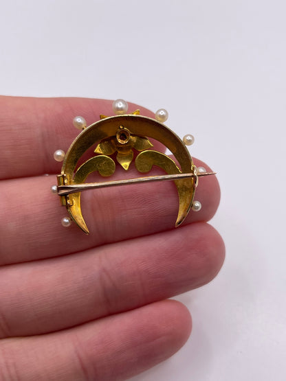 Antique 18ct gold pearl and diamond crescent brooch