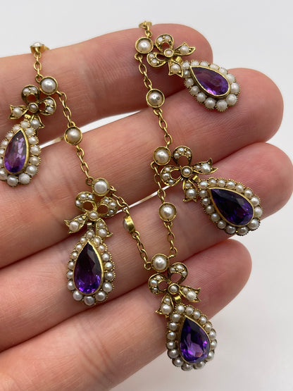 Antique 18ct gold amethyst and pearl necklace