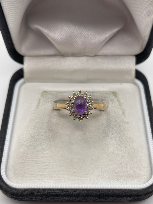 9ct gold cabochon amethyst and diamond ring