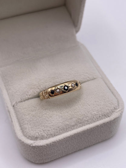 9ct gold sapphire and pearl gypsy ring
