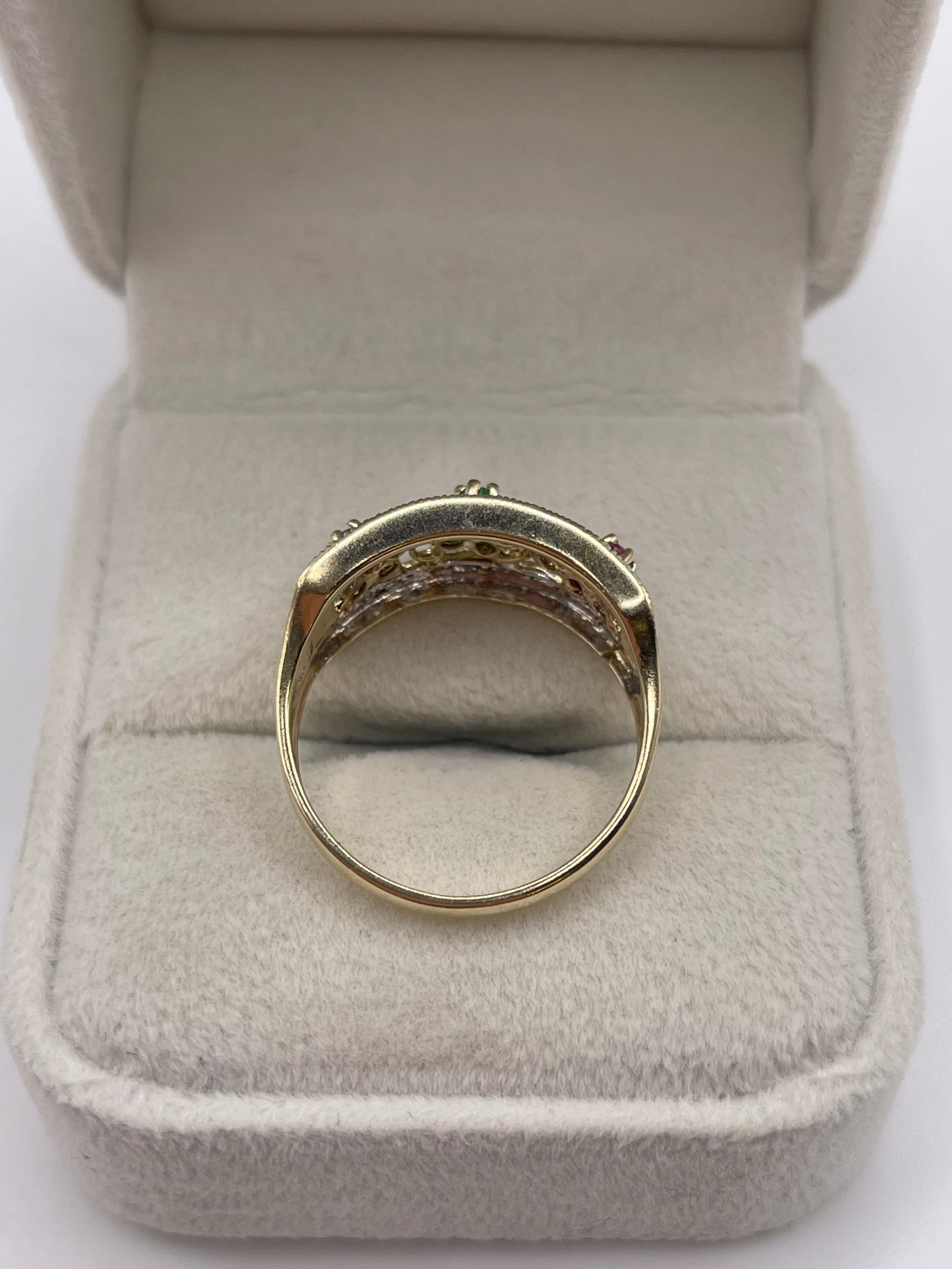 9ct gold sapphire, emerald, ruby and diamond ring
