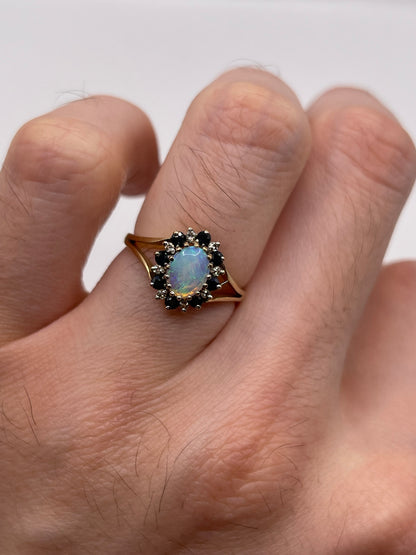 9ct gold opal, sapphire and diamond ring