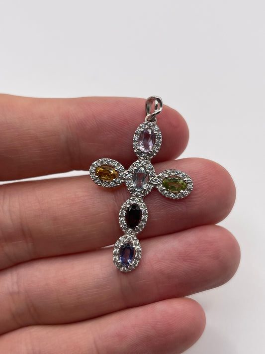18ct white gold multi-gem and diamond cross pendant