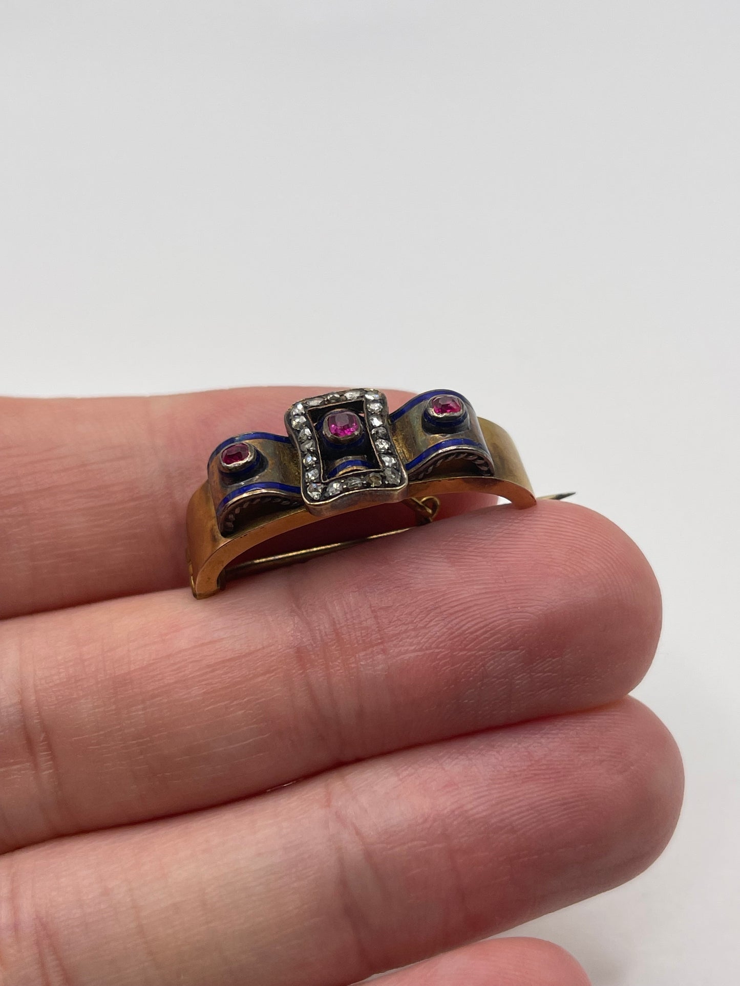 Antique 15ct gold enamel, ruby and diamond brooch