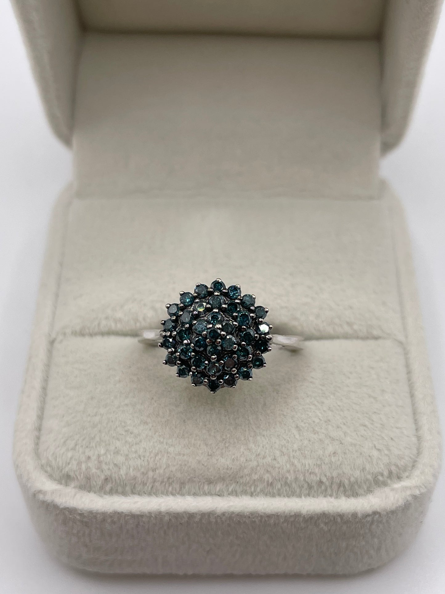 9ct white gold blue diamond cluster ring