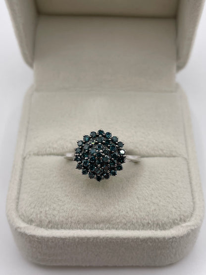 9ct white gold blue diamond cluster ring