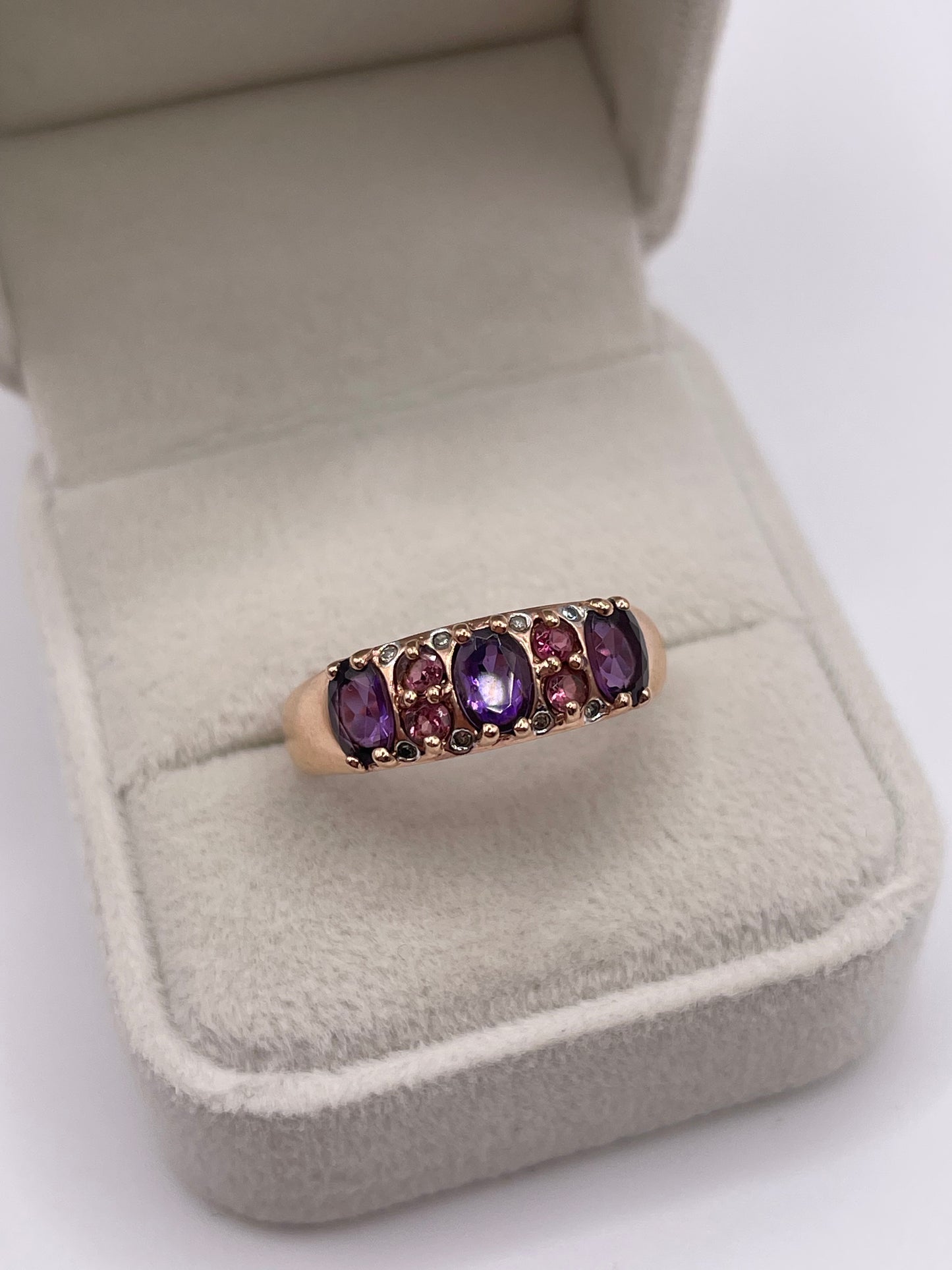 9ct rose gold amethyst, tourmaline and diamond ring