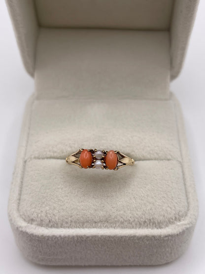 9ct gold coral and pearl ring