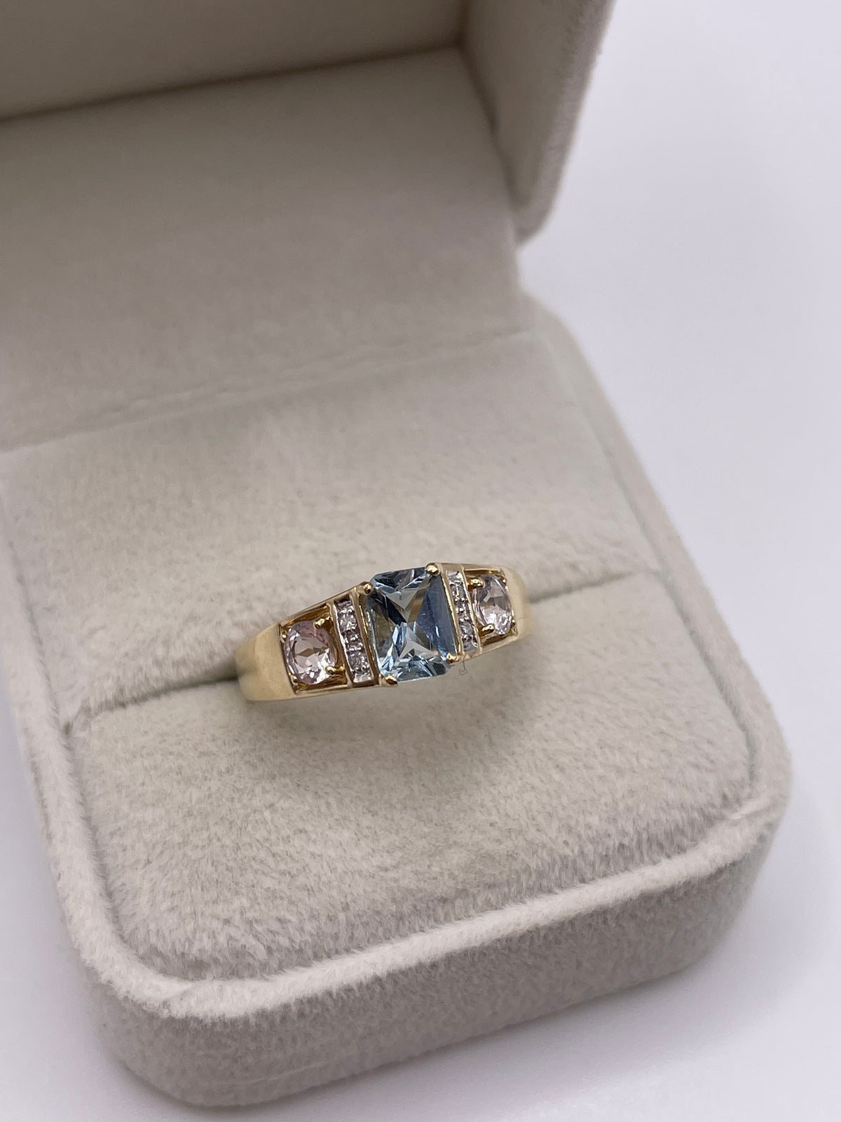 9ct gold aquamarine, kunzite and diamond ring