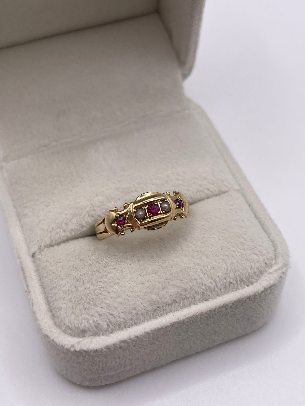 Antique 18ct gold ruby and pearl ring
