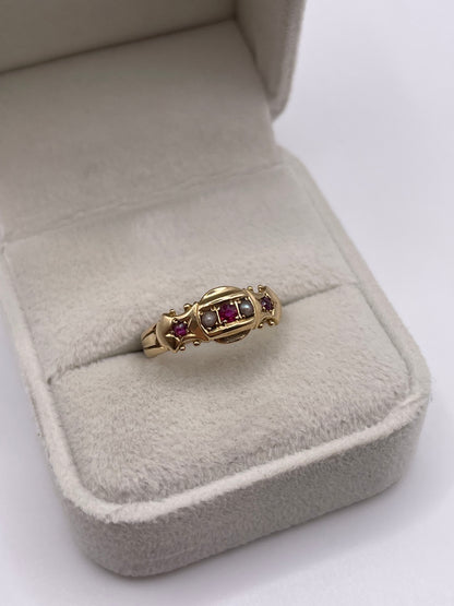Antique 18ct gold ruby and pearl ring