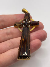 Load image into Gallery viewer, Antique 15ct gold Smokey quartz and pearl cross pendant
