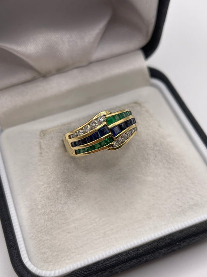 18ct gold emerald, sapphire and diamond ring