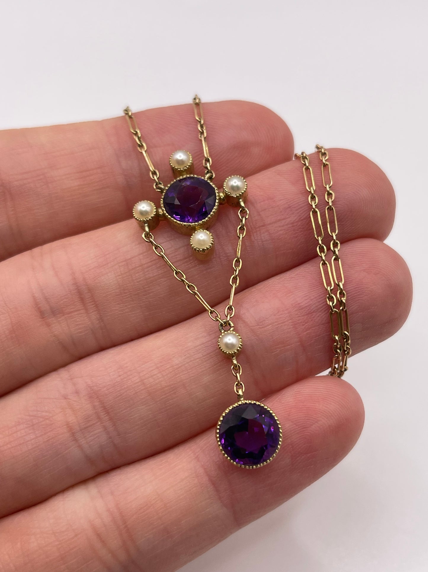Antique 15ct gold amethyst and pearl necklace