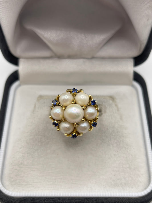 Heavy 9ct gold pearl and sapphire ring
