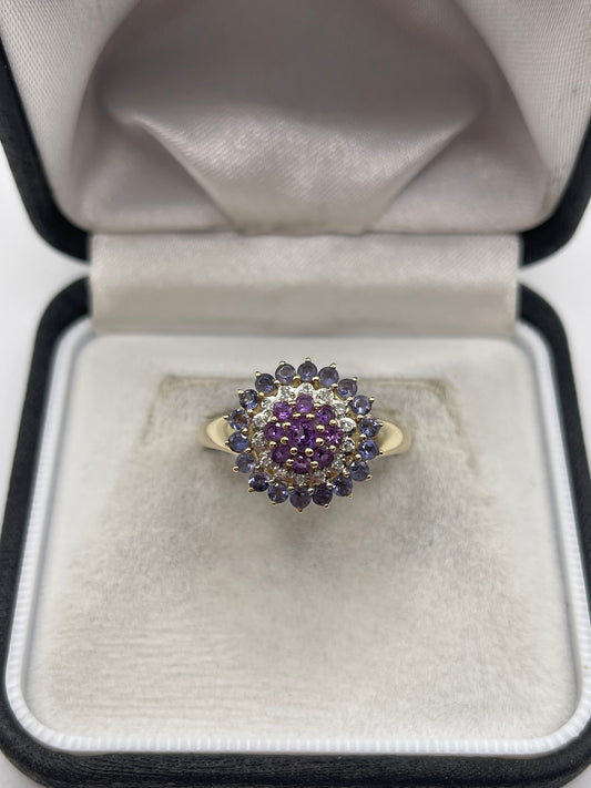 9ct gold amethyst, tanzanite and diamond ring