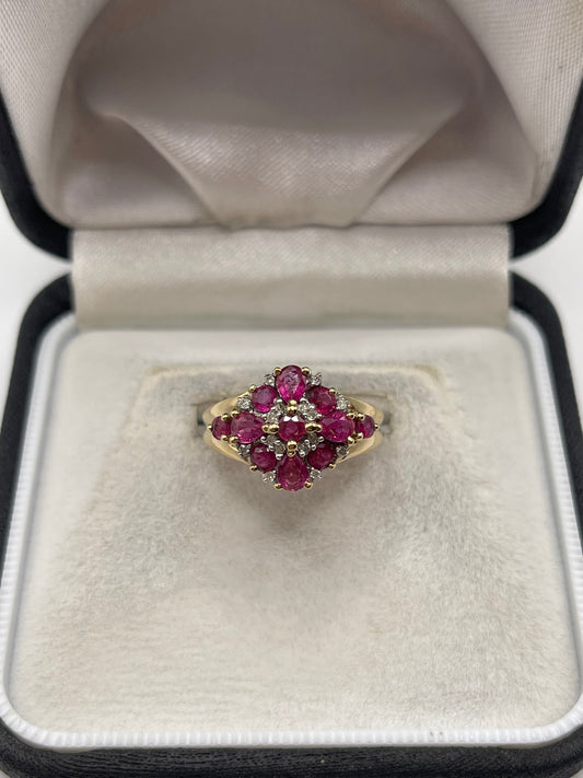 9ct gold ruby and diamond cluster ring