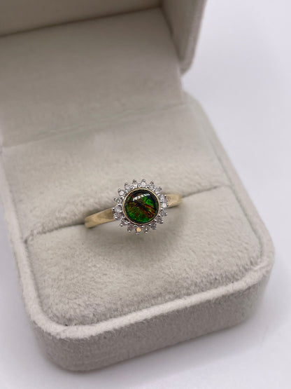 9ct gold Ammolite and diamond ring