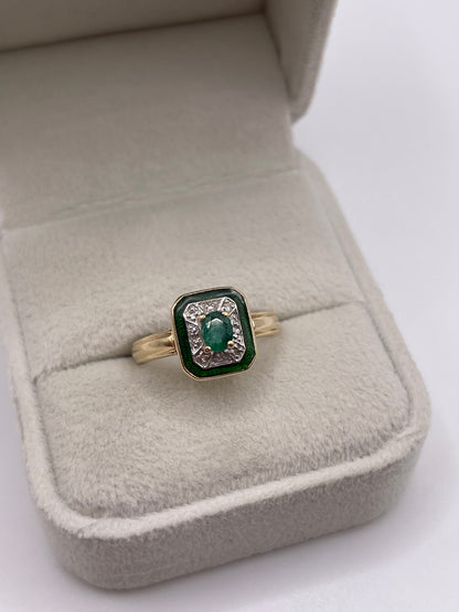 14ct gold enamel, emerald and diamond ring