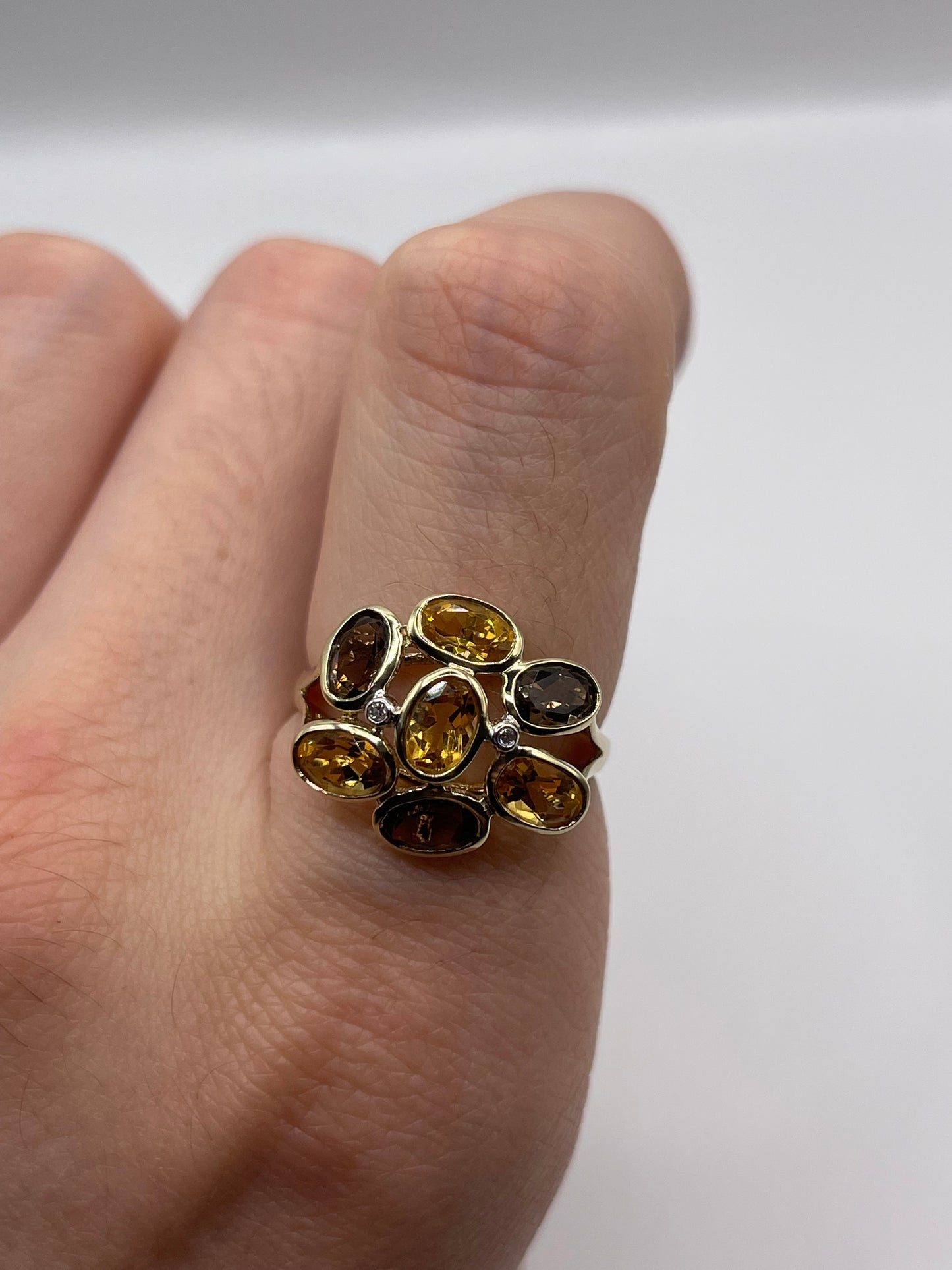 9ct gold citrine, Smokey quartz and diamond ring