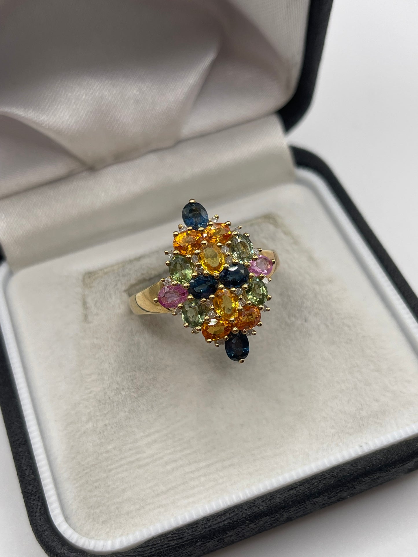9ct gold multi coloured sapphire and diamond ring