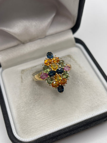 9ct gold multi coloured sapphire and diamond ring