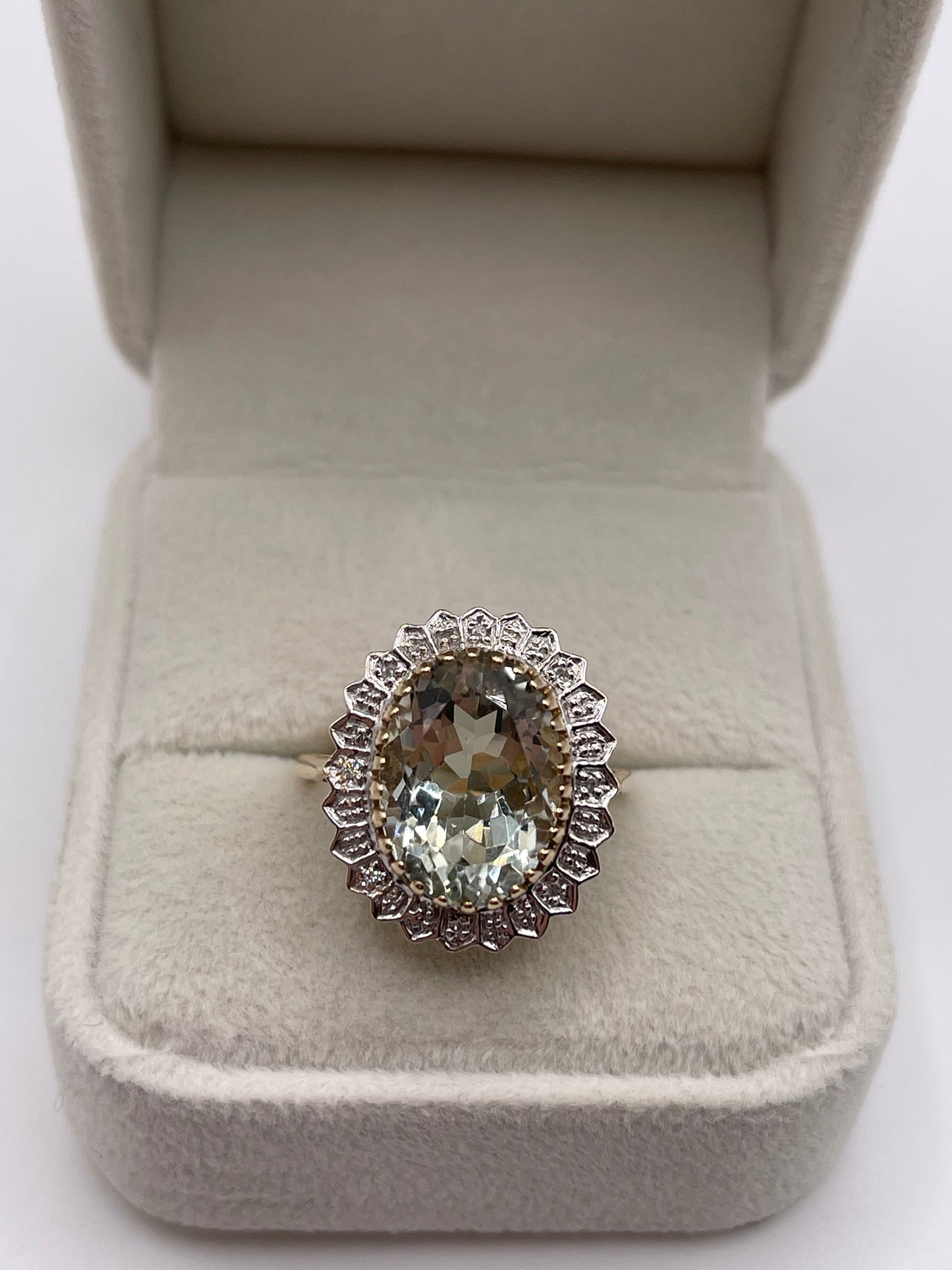 9ct gold green amethyst and diamond ring