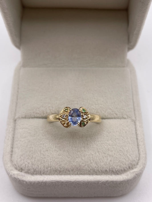 9ct gold sapphire, garnet and diamond ring