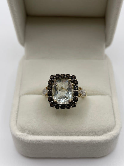 9ct gold aquamarine, Smokey quartz and diamond ring