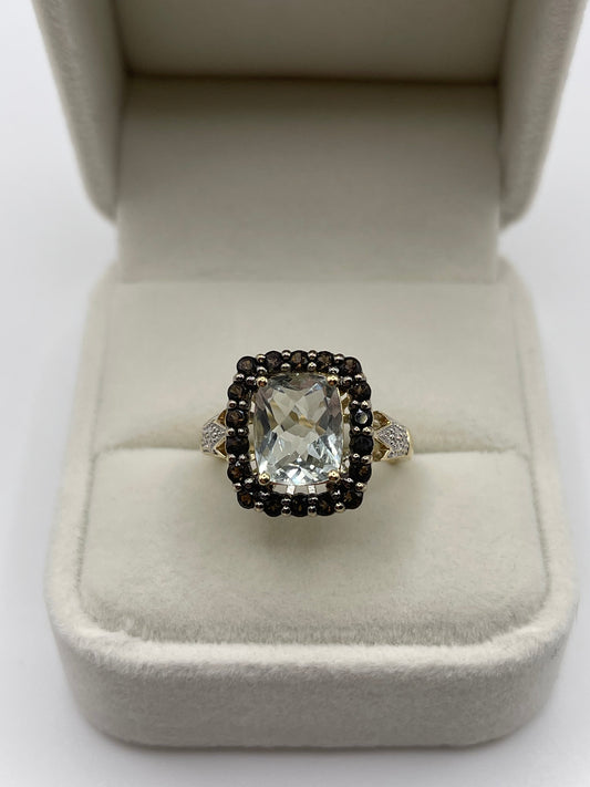 9ct gold aquamarine, Smokey quartz and diamond ring