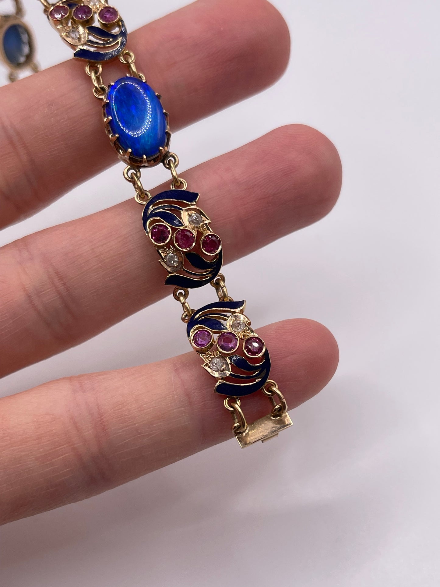 14ct rose gold opal doublet, ruby, diamond and enamel bracelet