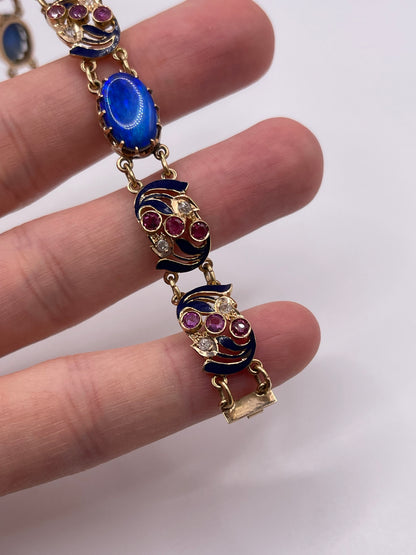 14ct rose gold opal doublet, ruby, diamond and enamel bracelet