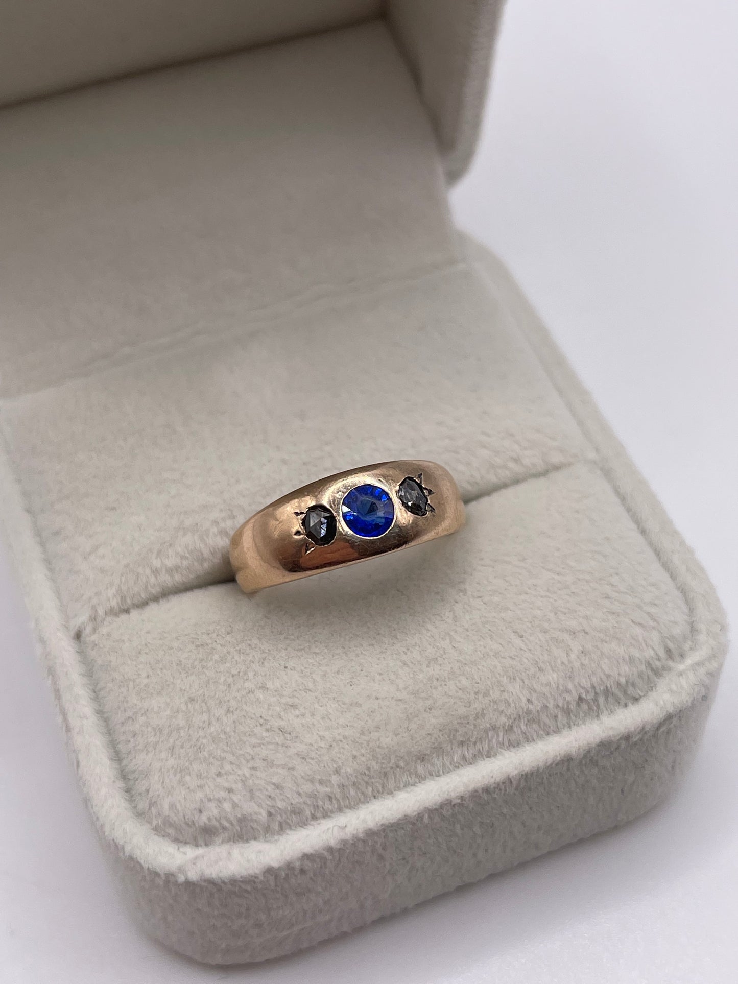 14ct rose gold synthetic sapphire and diamond gypsy ring
