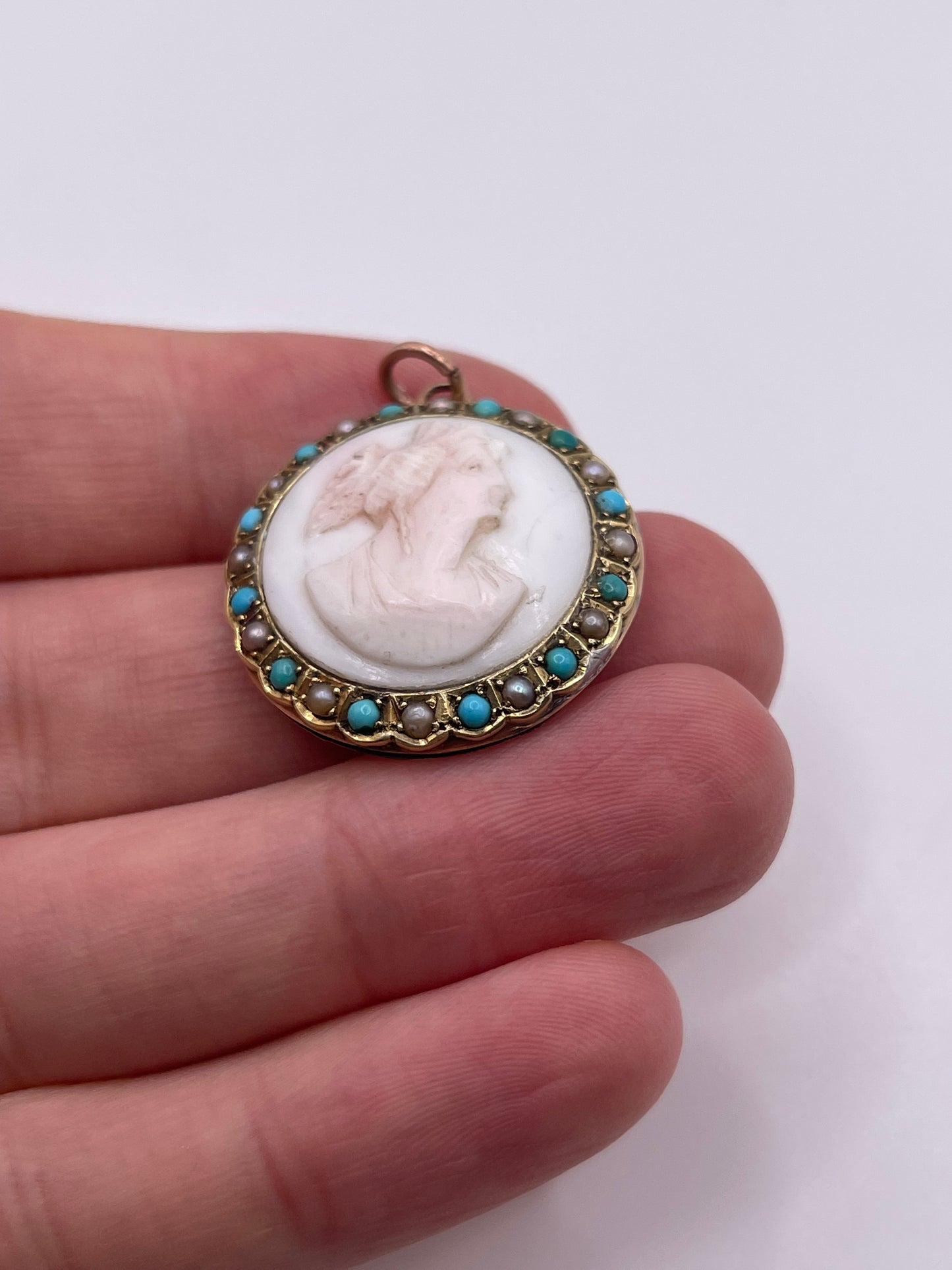 Antique 9ct gold coral cameo, turquoise and pearl pendant