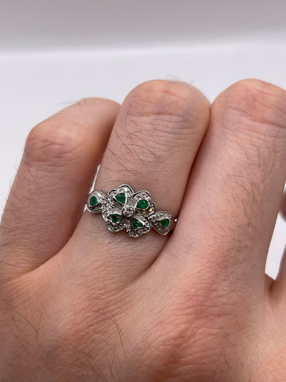 9ct white gold emerald and diamomd clover ring