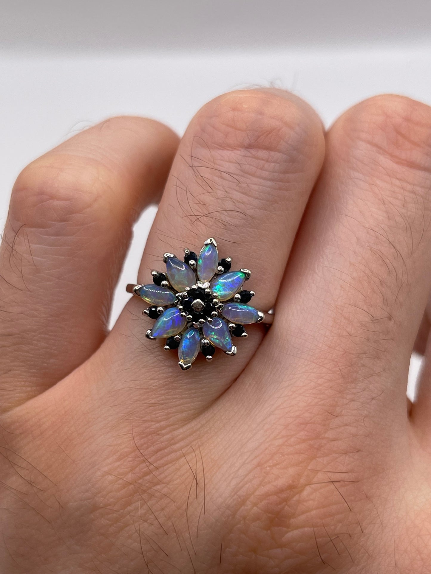 9ct white gold opal and sapphire cluster ring