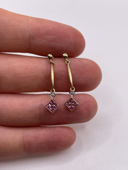 9ct gold pink sapphire and diamond earrings