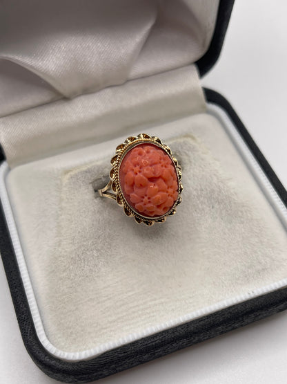 9ct gold carved coral ring