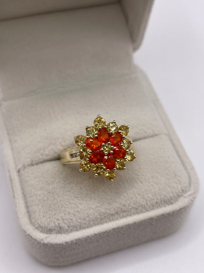 9ct gold fire opal, quartz and diamond ring